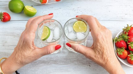 Top view of senior woman hands holding two glasses of refreshing summer drinks with ice and lime slices against white wooden table top next to strawberries.