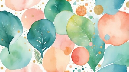 Watercolor Leaves and Citrus Fruit Pattern in Soft Pastel Hues