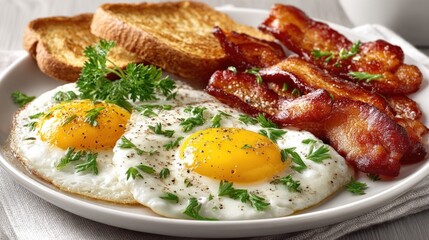 Breakfast plate two fried eggs, bacon, toast, parsley