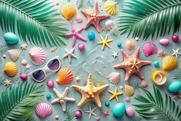Summertime Seashell and Starfish Paradise with Sunglasses and Tropical Leaves