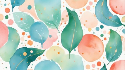 Abstract Watercolor Pattern of Leaves and Shapes with Pastel Colors