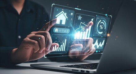 Person interacting with futuristic holographic financial data displays technology finance