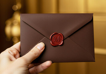 Vintage Brown Leather Envelope in Hand with Wax Seal with Initial M