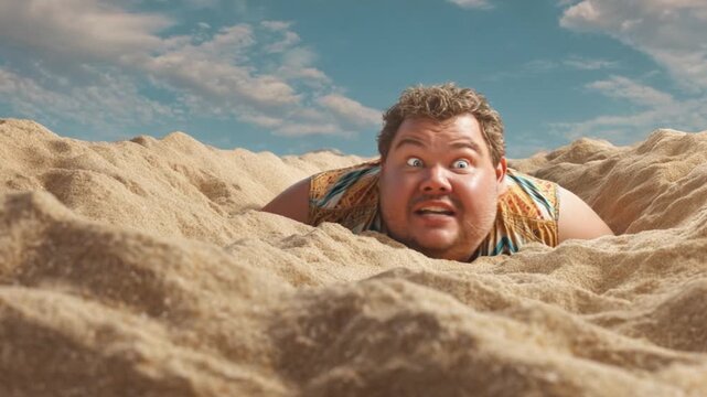 Trapped in the Sand: An emotive portrayal of a person engulfed in sand, their eyes filled with a mix of dread and wonder against a bright sky.