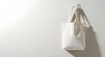 White tote bag hanging on wall with shadow canvas fabric