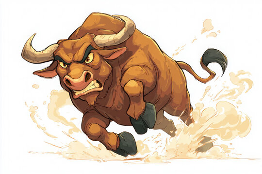 A solo cartoon bull caught mid-buck with flared nostrils and steam, full of energy and motion, perfect for rodeo-themed graphics.