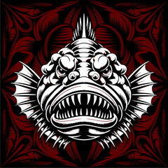 Stylized graphic illustration of a fierce fish head, set against a patterned background.