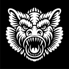 A stylized, fierce monster head graphic, outlined in white against a black background.