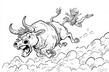 Cartoon-style rodeo bull with wild expression and flaring nostrils as a cowboy clings on mid-buck, full of energy and fun on white.