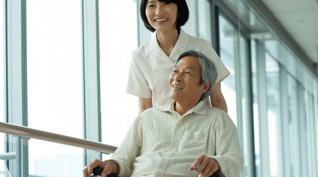 看護師が病院内の廊下で入院している車いすのおじいちゃんの男性を押しながら笑顔で世話をしているシーン