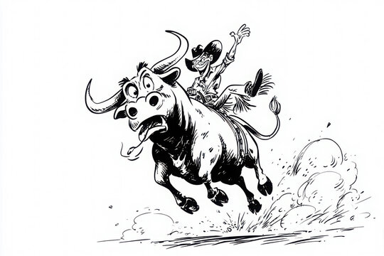 Cartoon-style rodeo bull with wild expression and flaring nostrils as a cowboy clings on mid-buck, full of energy and fun on white.