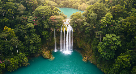 Stunning natural waterfall cascading down rocks in a lush green forest, serene landscape with flowing water, perfect for nature, travel, or adventure themes.