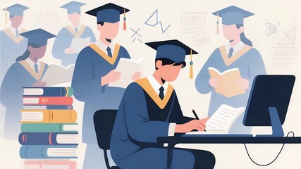 Students in Graduation Caps Working Together on Academic Projects and Studies - Powered by Adobe