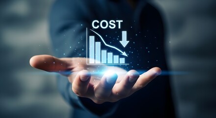 Hand holding digital graph showing cost reduction and downward trend chart
