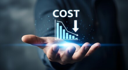 Hand holding digital graph showing cost reduction with downward arrow chart