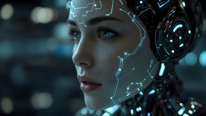 Futuristic Female Cyborg with Glowing Facial Circuitry and Advanced AI Interface