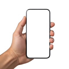 Hand holding modern smartphone with blank white screen mobile device