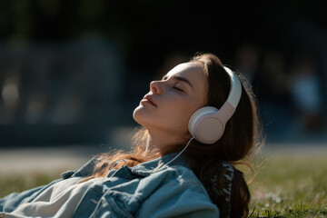 relaxed teenager wearing headphones eyes closed enjoying music deeply connected to nature