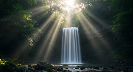 Stunning natural waterfall cascading down rocks in a lush green forest, serene landscape with flowing water, perfect for nature, travel, or adventure themes.