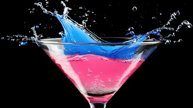 Pink blue cocktail splash martini glass black background