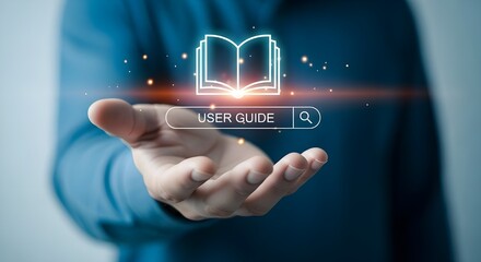 Open book icon above search bar with user guide text and magnifying glass image
