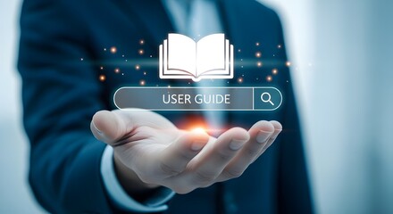 Open book search bar displaying user guide information with glowing particles image