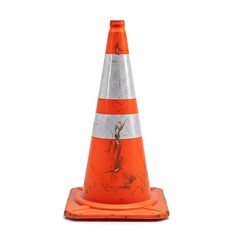 Orange traffic cone with reflective silver bands and scuffs safety