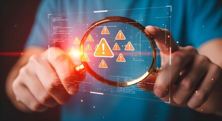 Magnifying glass examining digital warning alerts and code image