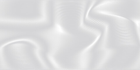 Abstract metallic wavy lines background. Shiny metallic striped surface. Abstract futuristic silver white architectural background. Modern design with wavy pattern.