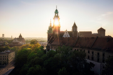 Soft lighted Wawel Castle at summer sunrise, Krakow, Poland