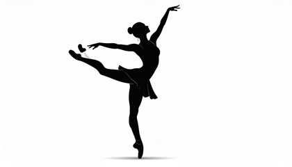 Elegant silhouette of a ballerina dancing in graceful pose against white backdrop