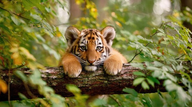 Adorable tiger cub resting on a tree branch.
