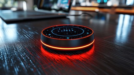 Obraz premium Circular device with glowing red base on dark, textured wooden surface