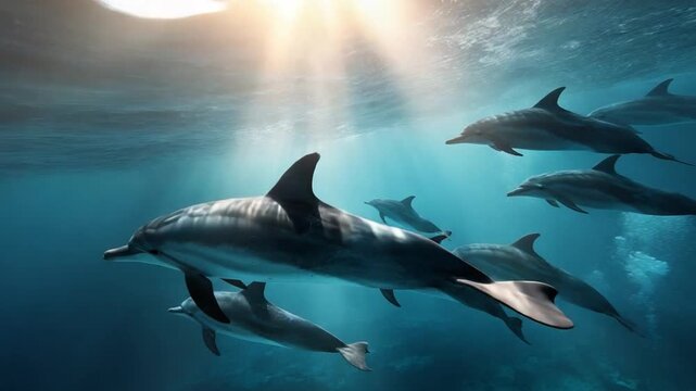 Dolphins Swimming in the Sunlight: Capture the serene dance of dolphins in their natural underwater habitat.  A pod of dolphins gracefully swims beneath the radiant sunlight.