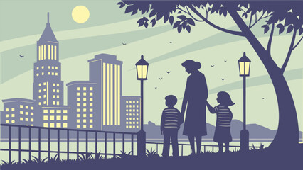 Naklejka premium Family silhouette in city park illustration with mother and children enjoying urban landscape view art