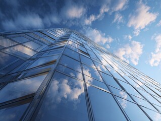 Perspective of high rise building and dark steel window system with clouds reflected on the glass.Business concept of future architecture,lookup to the angle of the building corner. 3d rendering