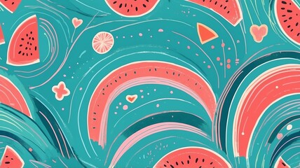 Colorful Watermelon Slice Pattern with Rainbow Shapes on Teal Background