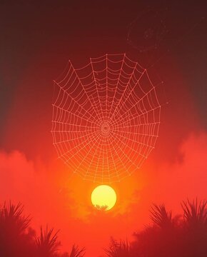 A painting of a spiderweb illuminated by a sunset, surrounded by a thick, warm fog, with low visibility, featuring reds, oranges, and yellows dominating the color palette.