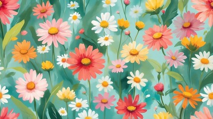 Cheerful Daisy Garden Painting with Pastel Colors and Floral Pattern