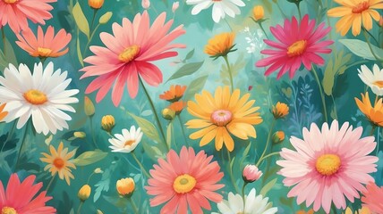Colorful Daisy Garden Painting with Floral Variety in Artistic Style
