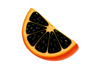 Orange slice revealing dark seeds, vivid citrus segment glowing with natural texture against clean white backdrop