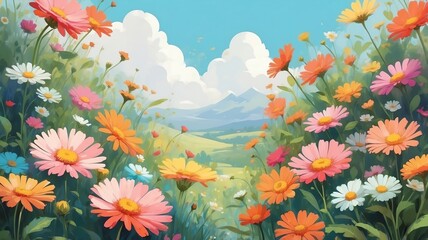 Colorful Flowers Meadow with Mountain View and Cloudy Sky Landscape