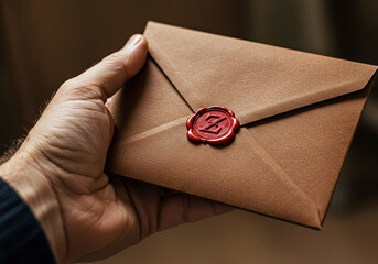Vintage Brown Leather Envelope in Hand with Wax Seal with Initial Z