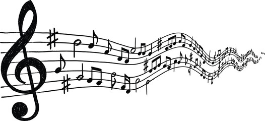 Wavy musical staff with treble clef and notes flows dynamically