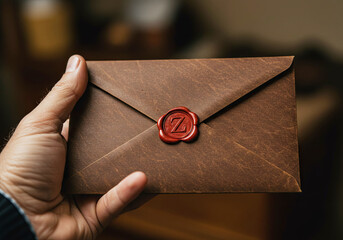 Vintage Brown Leather Envelope in Hand with Wax Seal with Initial Z
