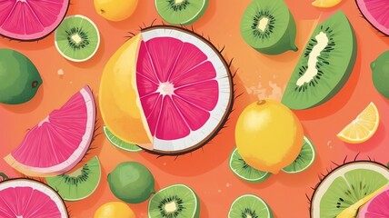 Bright Fruit Pattern Graphic with Grapefruit Kiwi and Lemon