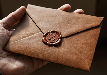 Vintage Brown Leather Envelope in Hand with Wax Seal with Initial Z