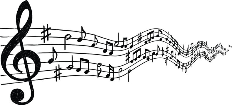 Wavy musical staff with treble clef and notes flows dynamically