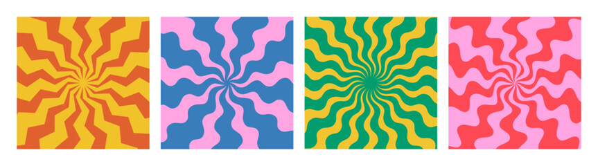 Psychedelic Swirl Retro Backgrounds. Vector Groovy Spiral Burst. Abstract Radial Sun Rays with Waves.
