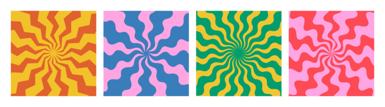 Psychedelic Swirl Retro Backgrounds. Vector Groovy Spiral Burst. Abstract Radial Sun Rays with Waves.